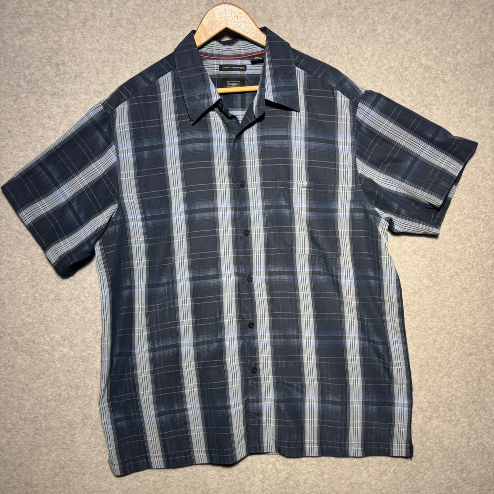 Haggar Luxury Microfiber Mens XL Blue Plaid Short Sleeve Button Down Shirt